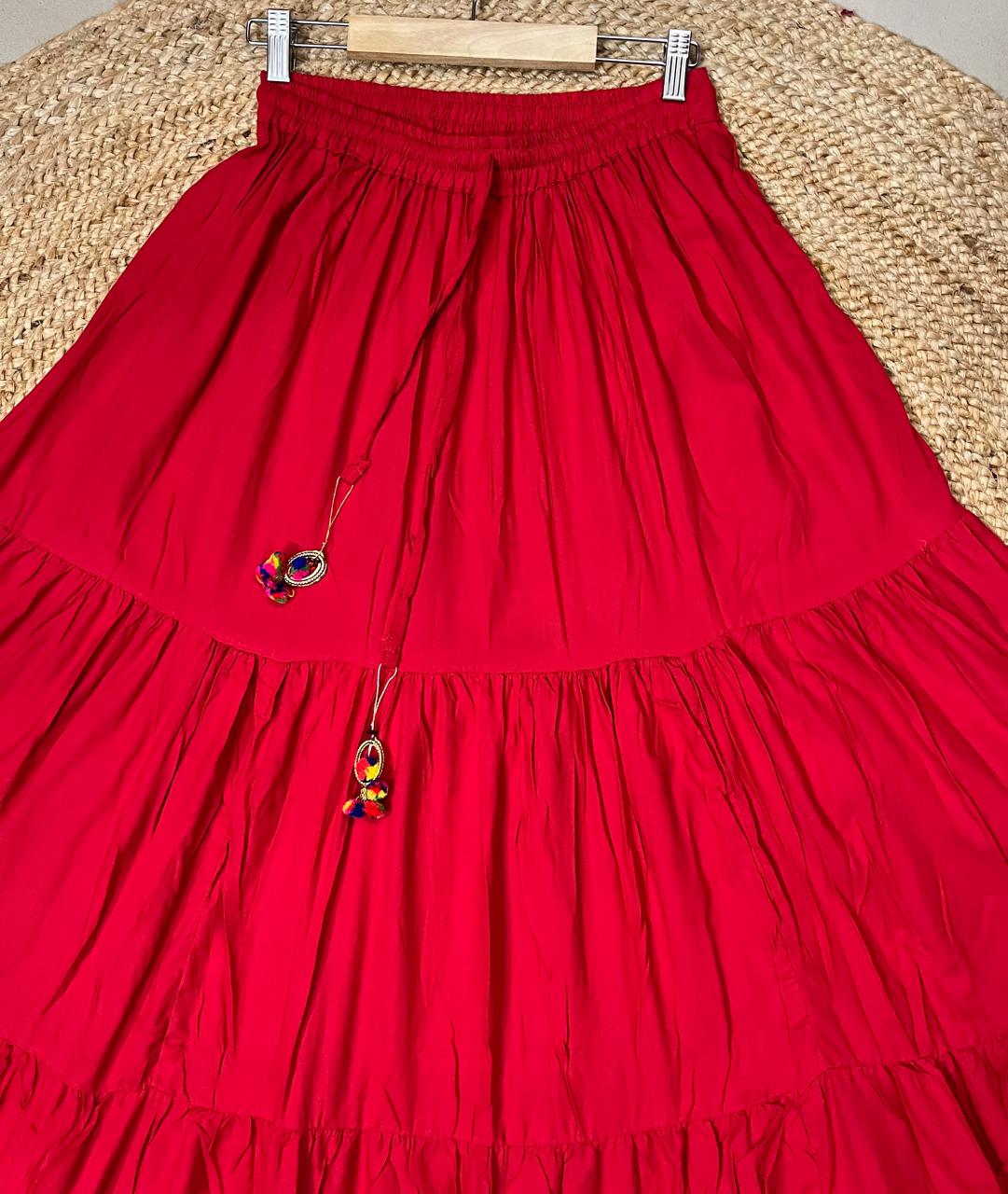 Tiered Cotton Red Mahi Indian Skirt