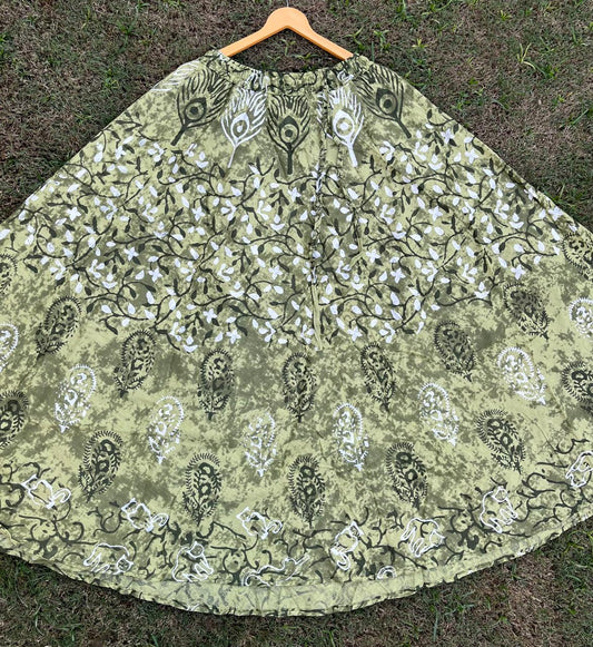 Boho Cotton Printed Green Pihoo Indian Skirt