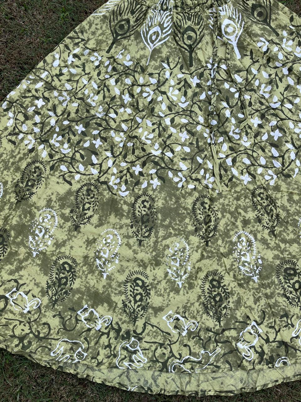 Boho Cotton Printed Green Pihoo Indian Skirt