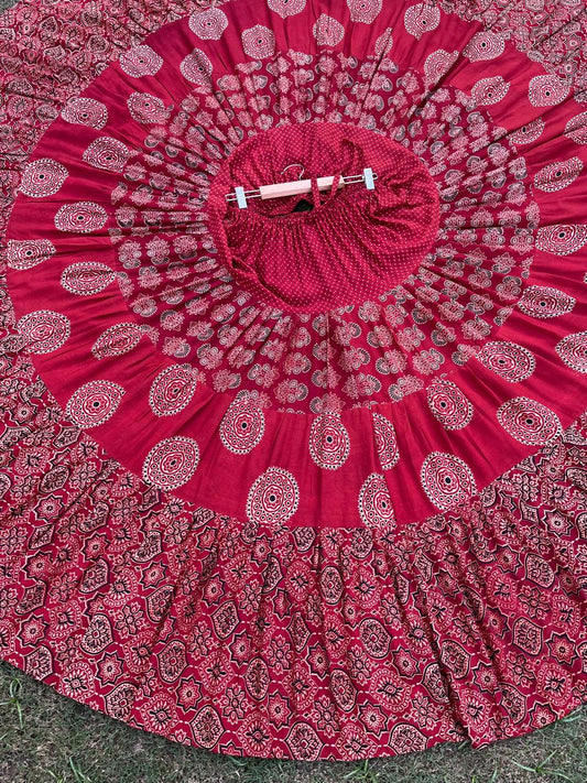 Ajrakh Tiered Rayon Maroon Raashi Indian Skirt