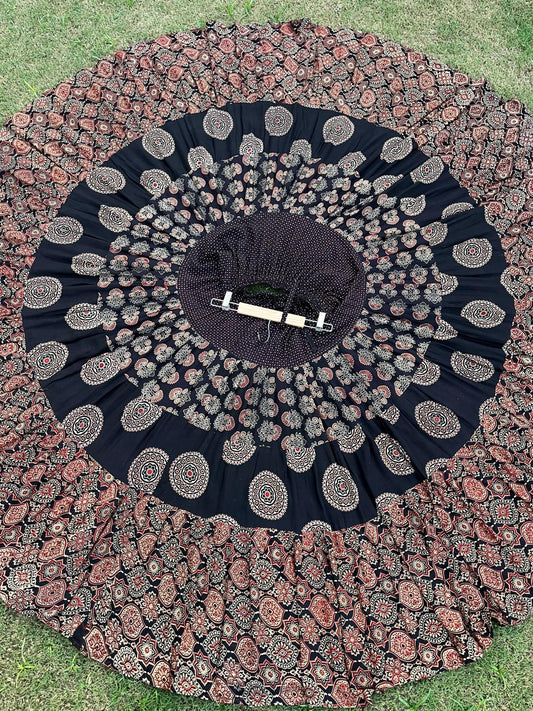 Ajrakh Tiered Rayon Black Dishani Indian Skirt