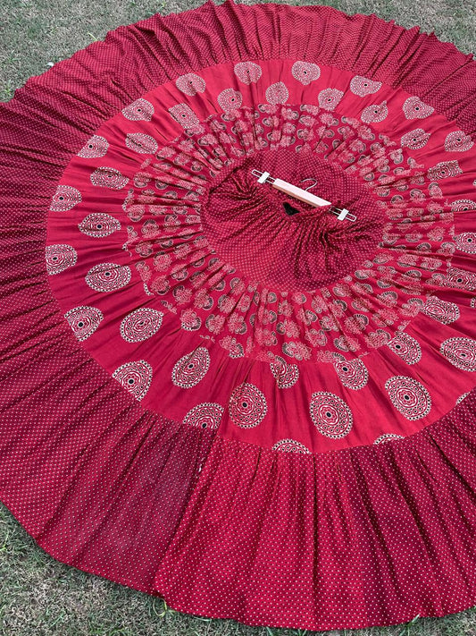 Ajrakh Tiered Rayon Maroon Rakhi Indian Skirt