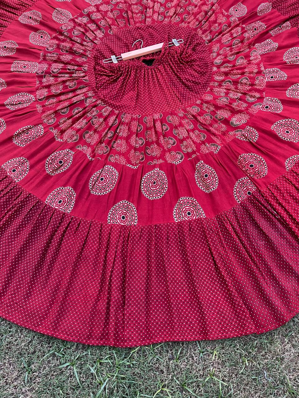 Ajrakh Tiered Rayon Maroon Rakhi Indian Skirt