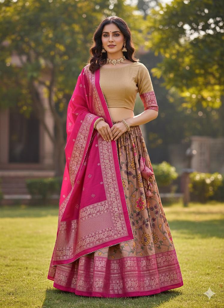 Tussar Fuchsia Beige Rajshree Lehenga