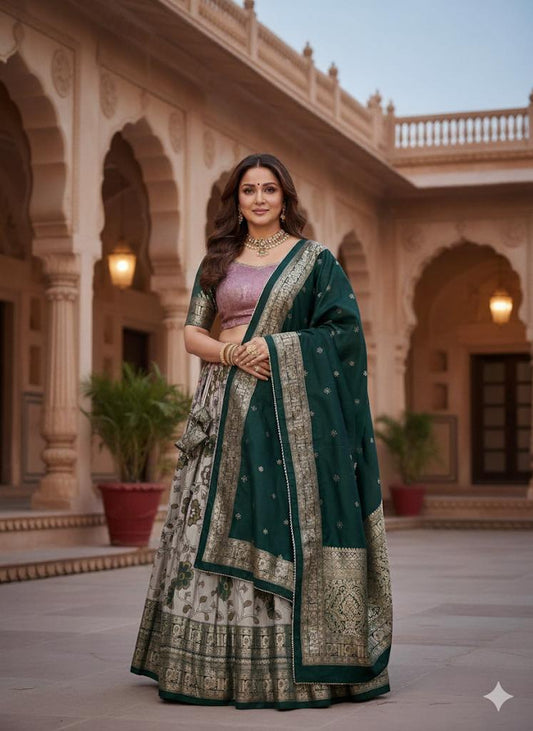 Tussar Onion Pink Green Vrinda Lehenga
