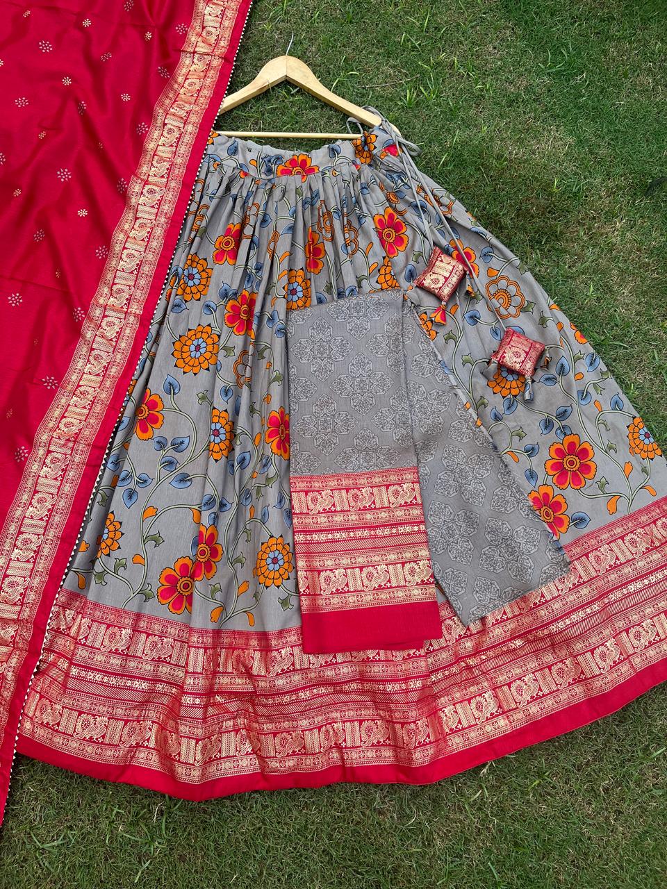 Tussar Red Gray Ruchi Festive Lehenga