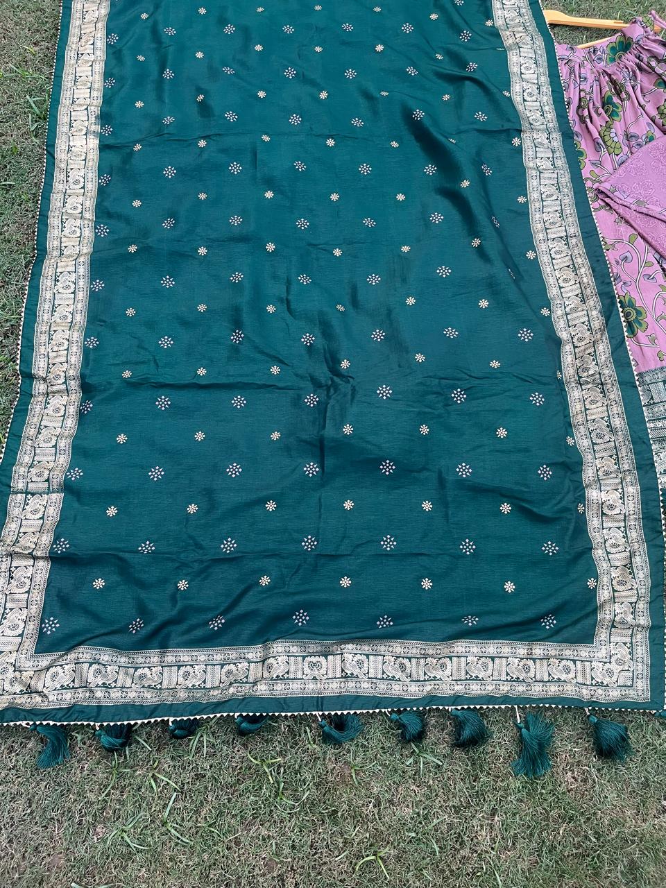 Tussar Onion Pink Green Vrinda Lehenga