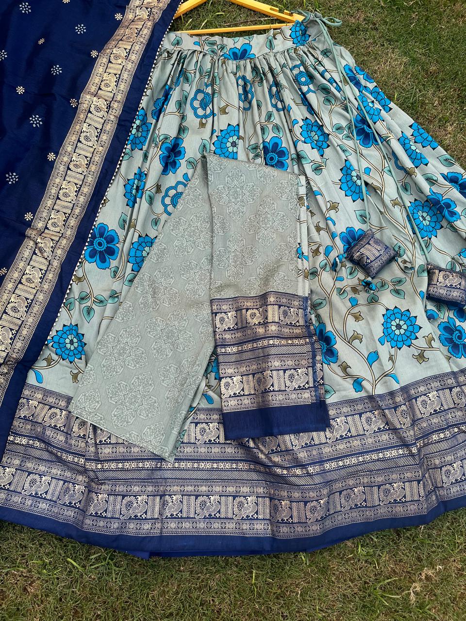 Tussar Sage Green Blue Soni Lehenga
