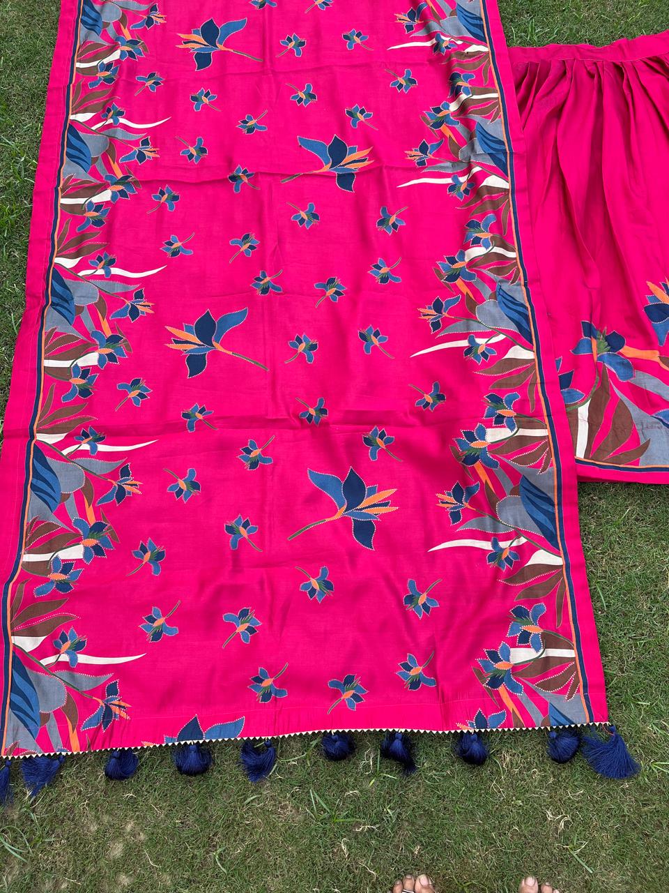 Chanderi Viscose Vinni Hot Pink Printed Lehenga