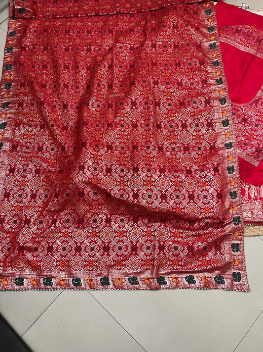 Banarasi Dola Silk Red Cream Wedding Lehenga