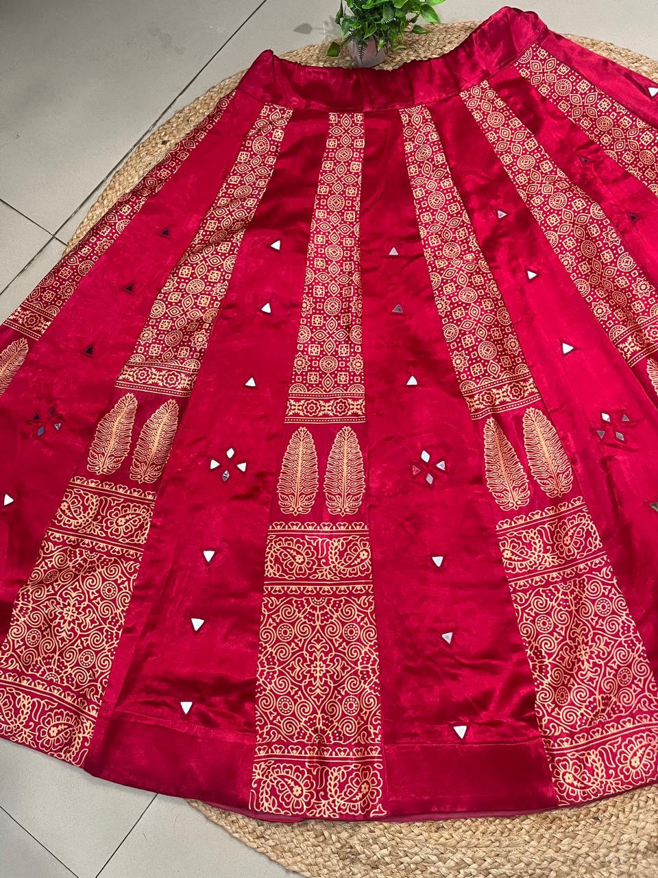Mashru Silk Red Mirror Kanchi Indian Skirt