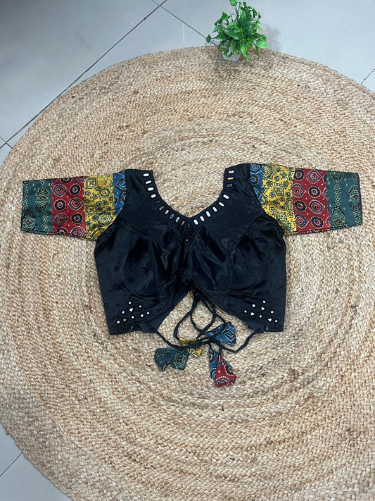 Mashru Silk Black Multi Patch Ajrakh Kashish Indian Skirt Set