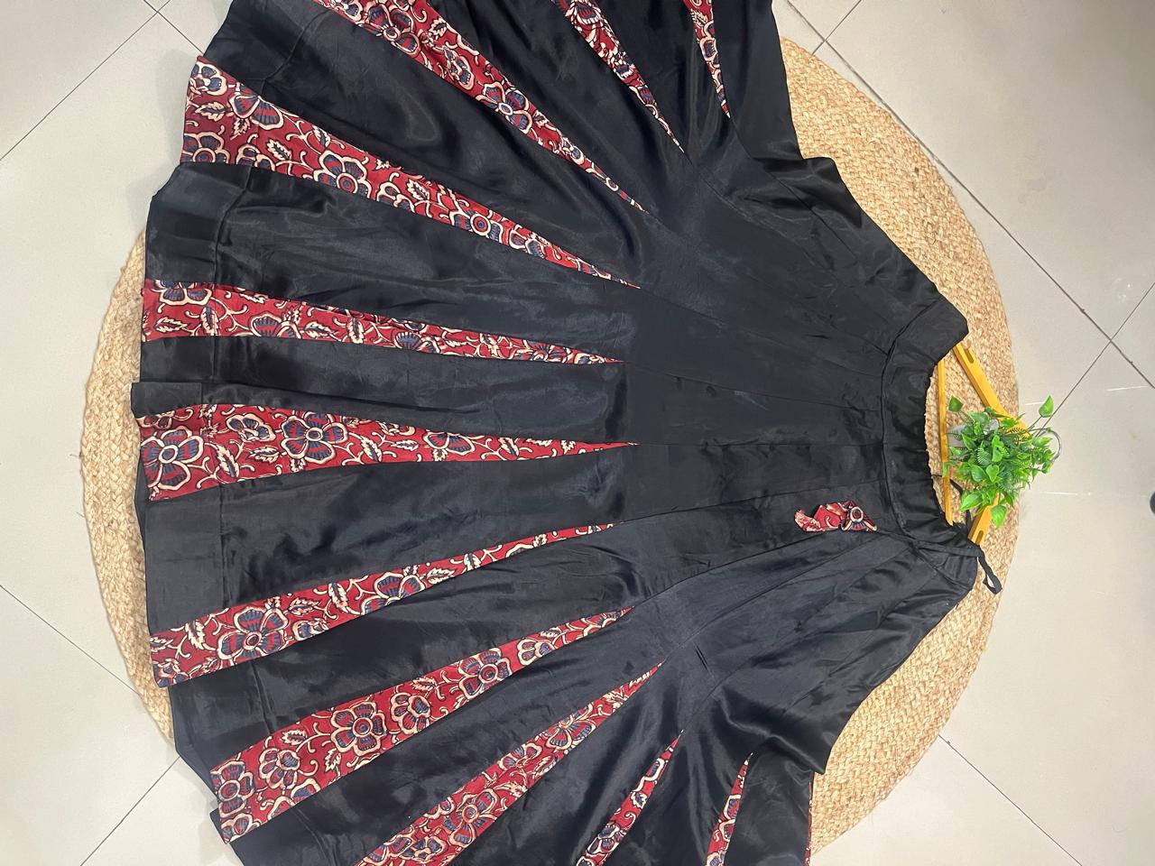 Mashru Silk Black Ajrakh Surili Indian Skirt