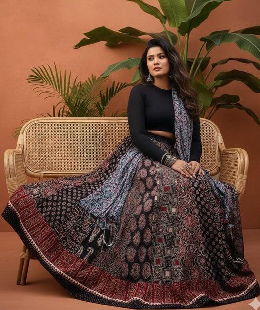 Ajrakh Panel Cotton Black Kajal Indian Skirt