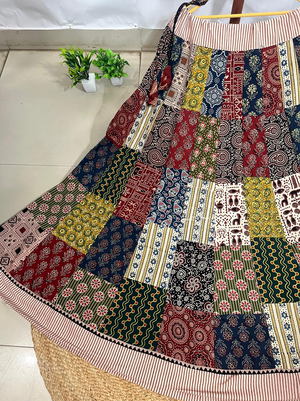 Ajrakh Multi Patch Charvi Cotton Indian Skirt