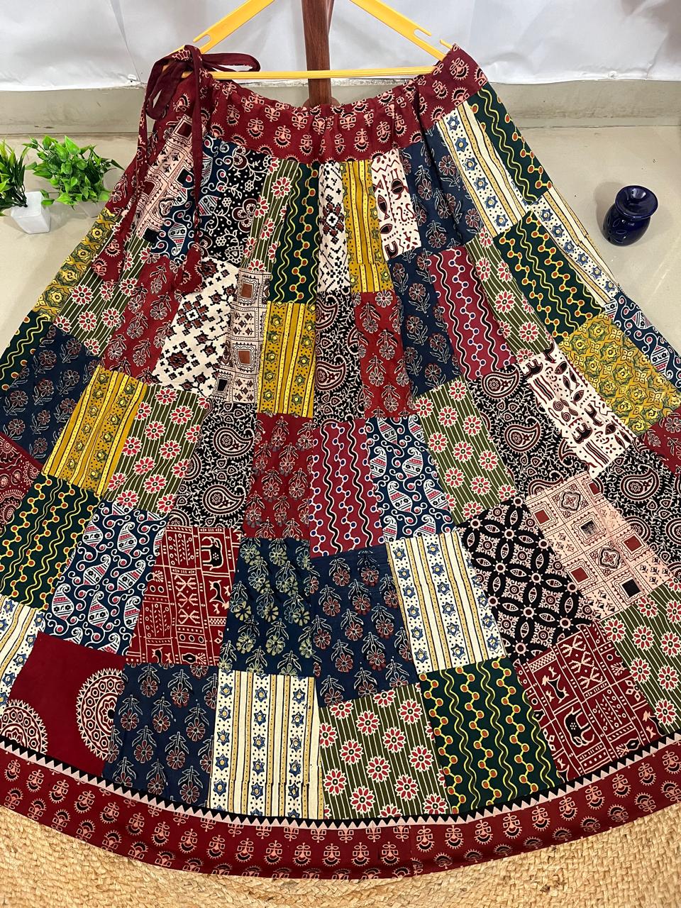 Ajrakh Multi Patch Esha Cotton Indian Skirt