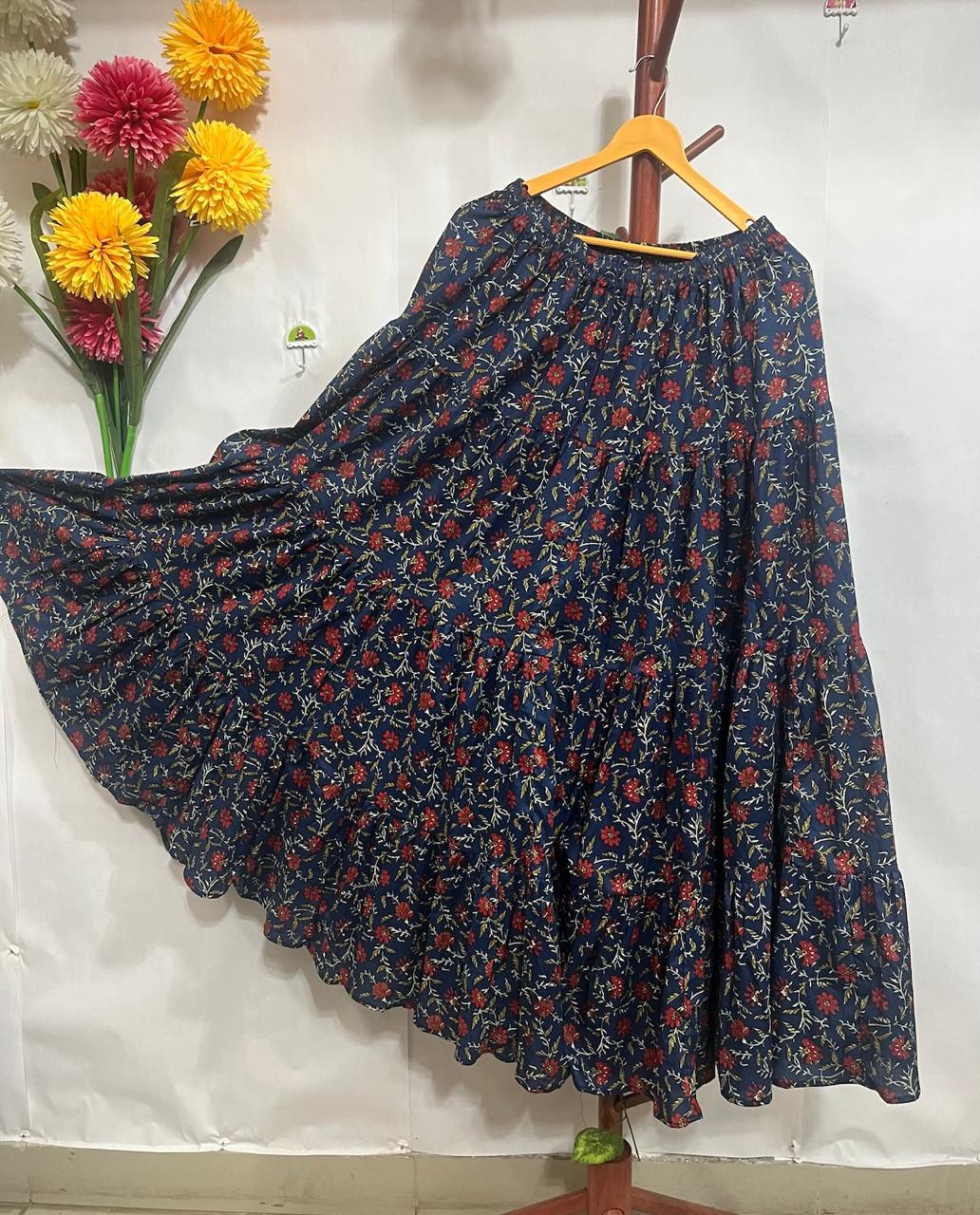 Tiered Cotton Blue Khanak Indian Skirt