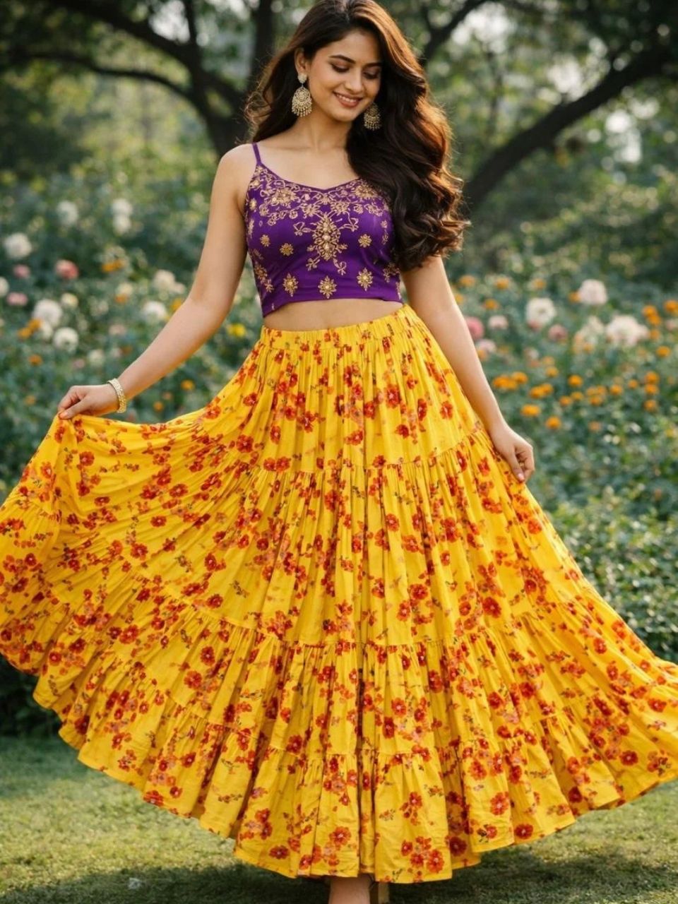 Flared Tiered Yellow Urmi Muslin Indian Skirt