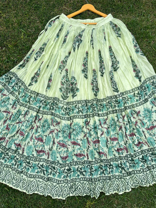 Mulmul Block Print Pastel Green Girija Indian Skirt