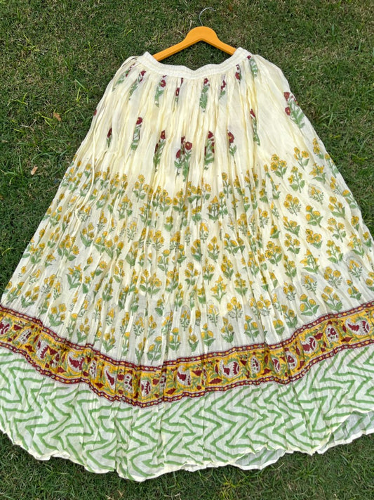 Mulmul Block Print Pastel Yellow Diya Indian Skirt
