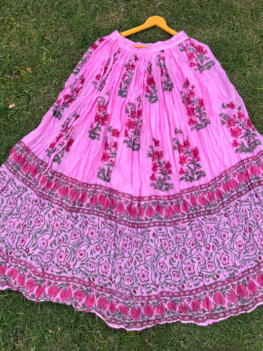 Mulmul Block Print Pink Hiya Indian Skirt