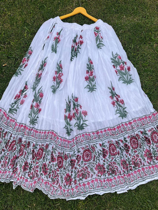 Mulmul Block Print White Raagi Indian Skirt