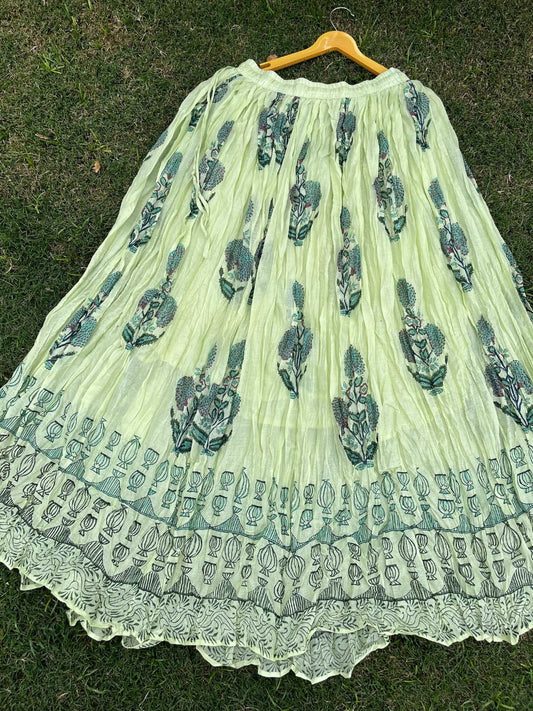 Mulmul Block Print Pastel Green Bhavya Indian Skirt