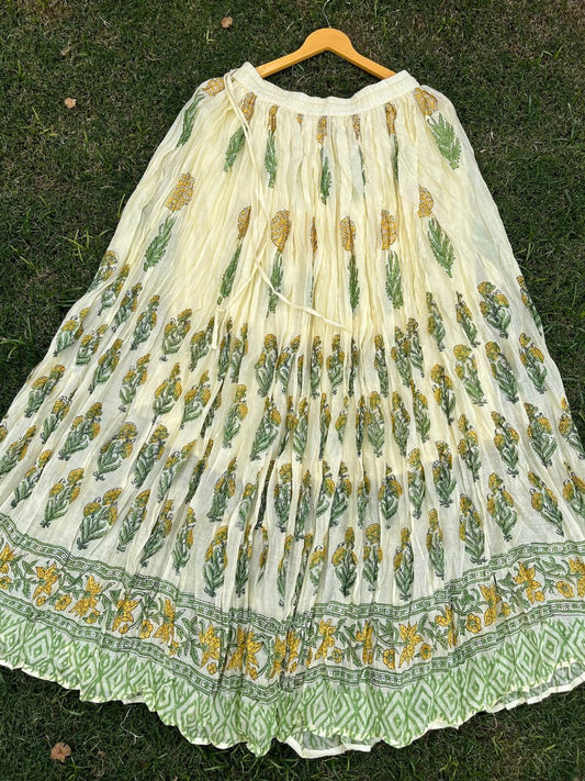 Mulmul Block Print Pastel Yellow Janvi Indian Skirt