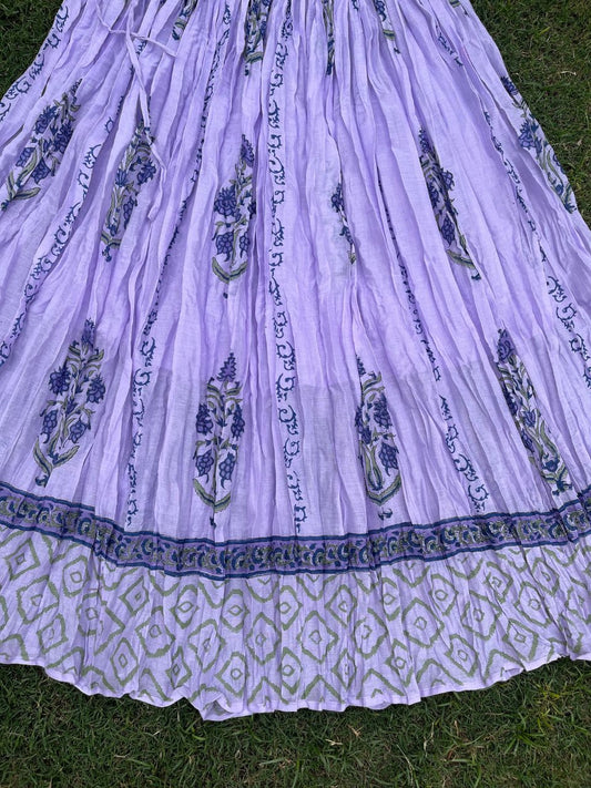 Mulmul Block Print Pastel Purple Champa Indian Skirt