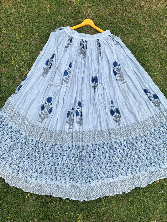 Mulmul Block Print Dusty Blue Ojasvi Indian Skirt