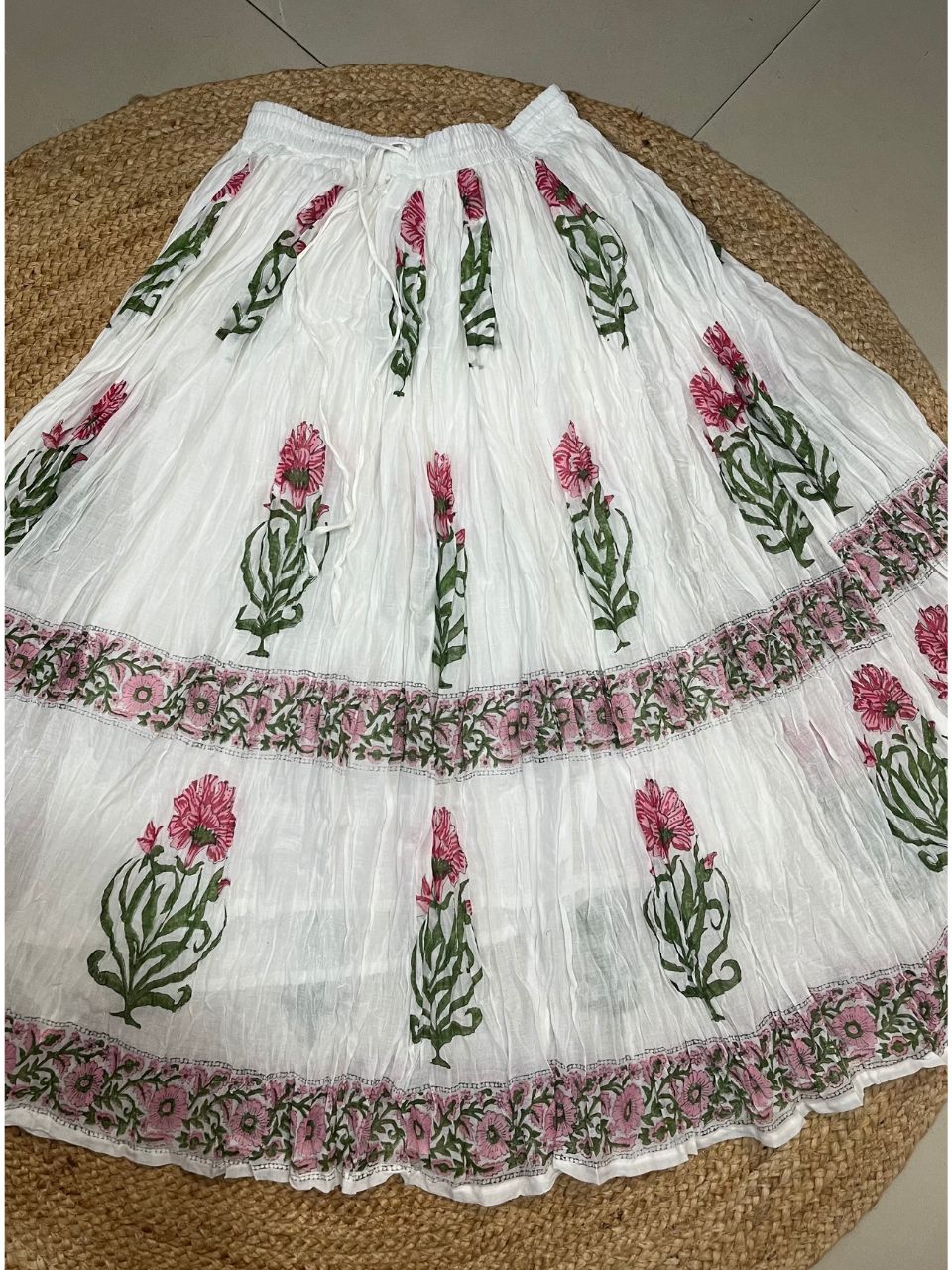 Mulmul Block Print White Oorja Indian Skirt