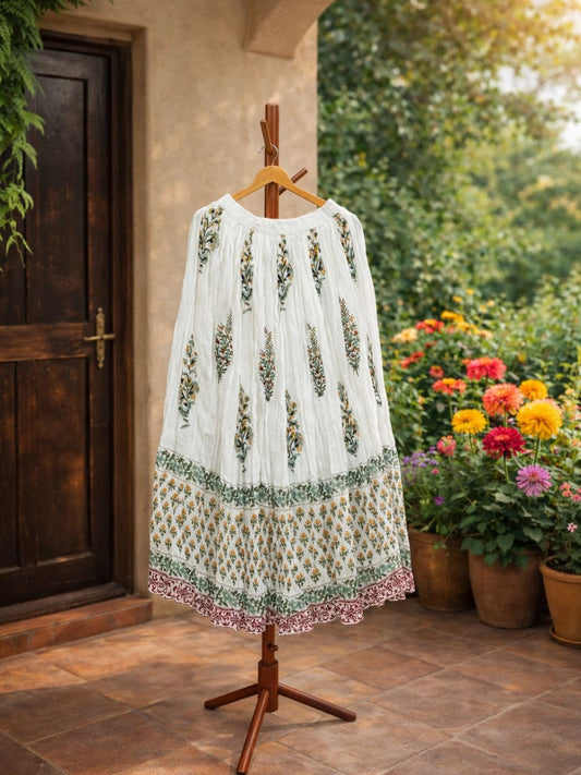 Mulmul Block Print White Kanchi Indian Skirt