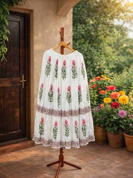Mulmul Block Print White Oorja Indian Skirt
