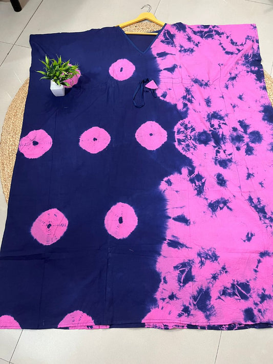Block Print Pink Navy Blue Mahi Cotton Kaftan