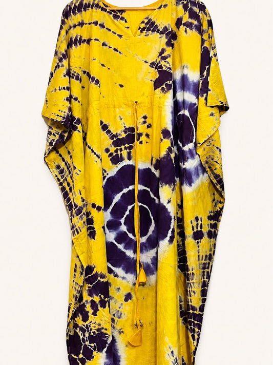 Block Print Yellow Raima Cotton Kaftan