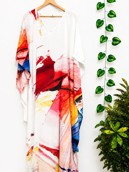 Digital Print White Reeva Silk Kaftan
