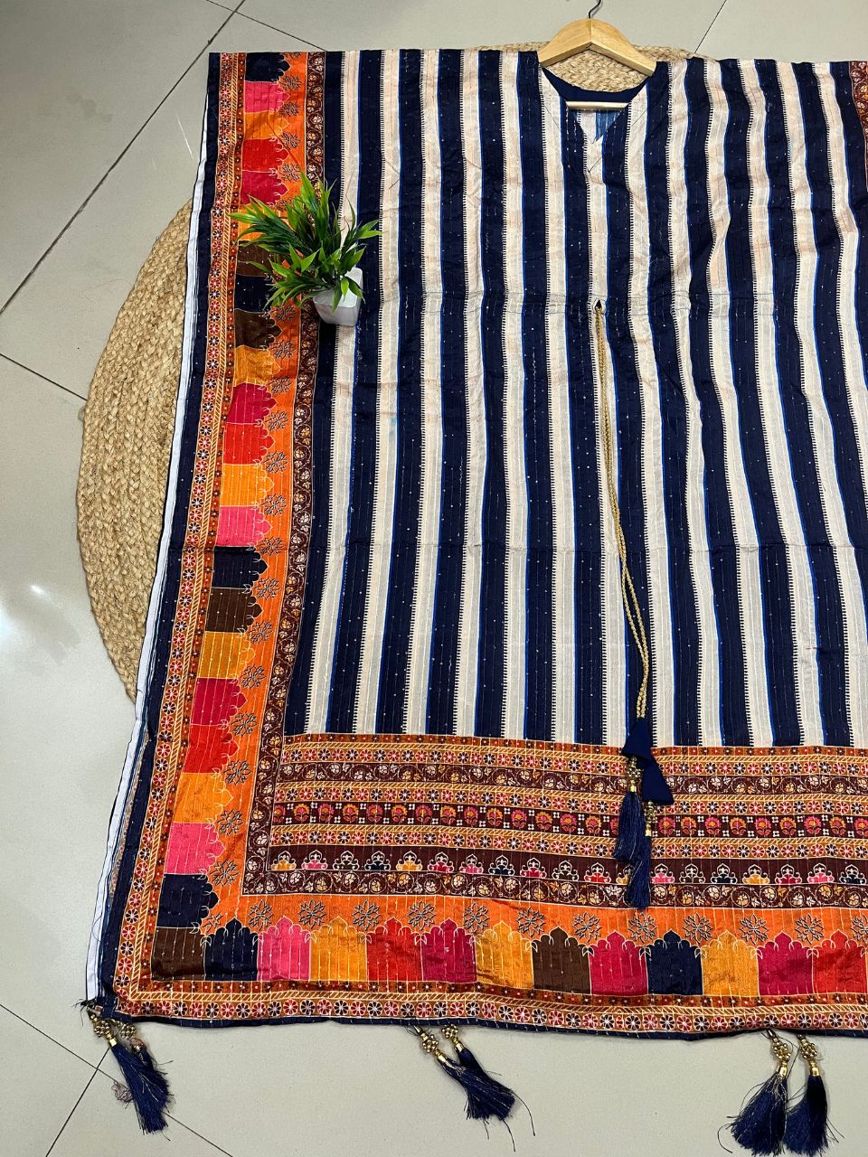 Digital Print Blue Stripes Koki Chinon Kaftan