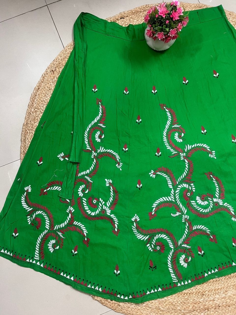 Kantha Green Gauri Wrap Indian Skirt