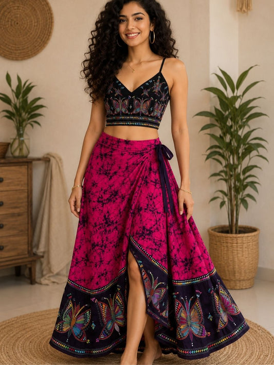 Kantha Fuchsia Arin Batik Cotton Wrap Indian Skirt