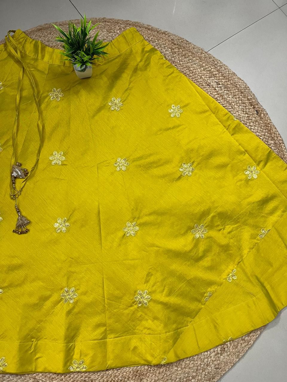Chanderi Silk Yellow Yamini Embroidered Indian Skirt