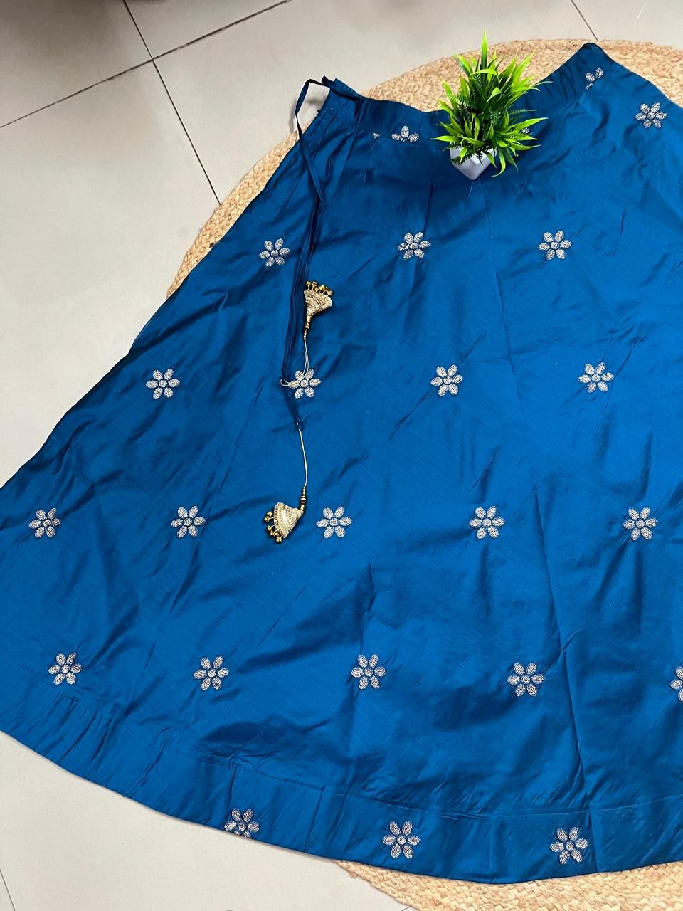 Chanderi Silk Teal Blue Mishti Embroidered Indian Skirt