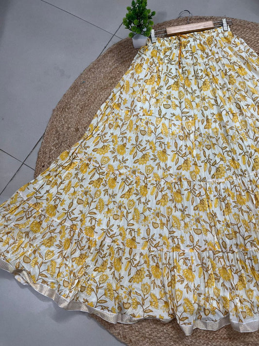 Mulmul Printed Pastel Yellow Kashi Indian Skirt