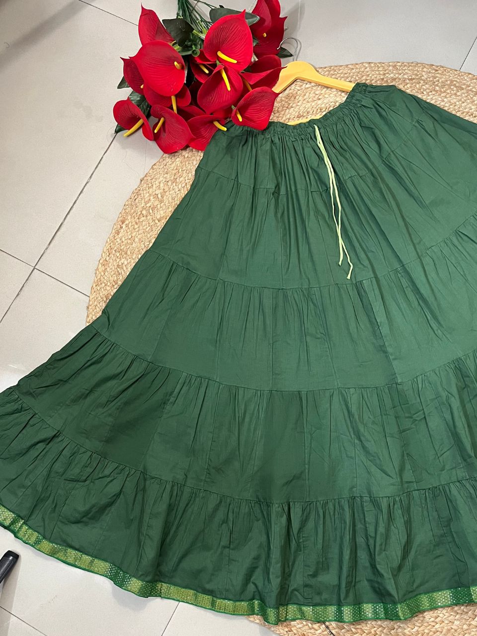 Tiered Cotton Green Plain Reeti Indian Skirt