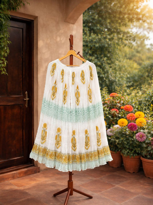 Mulmul Block Print White Kashvi Indian Skirt