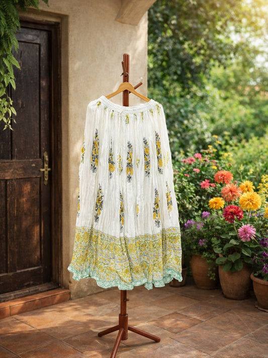 Mulmul Block Print White Reshma Indian Skirt