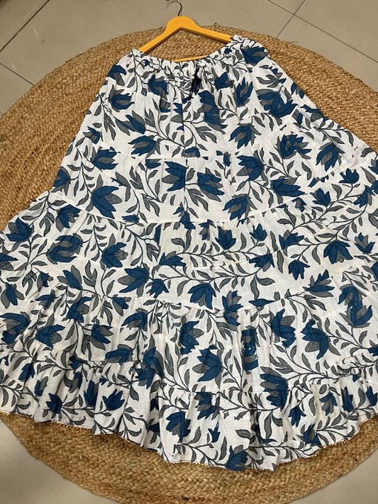 Tiered Cotton White Blue Krisha Indian Skirt
