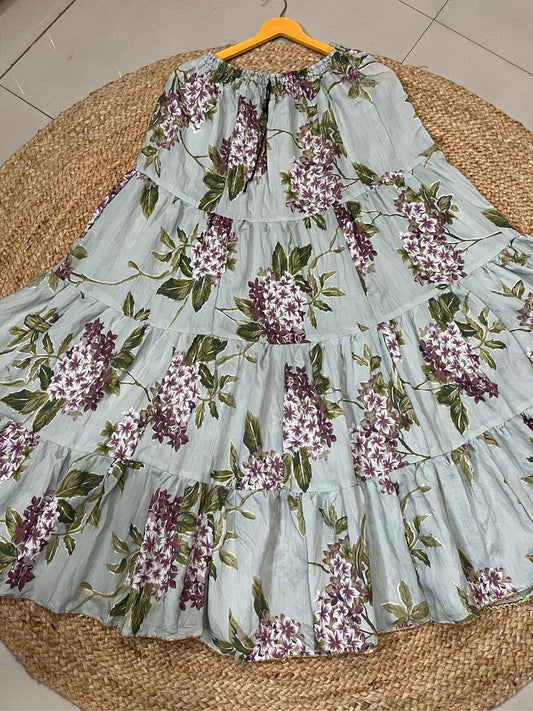 Tiered Cotton Dusty Green Shubha Indian Skirt