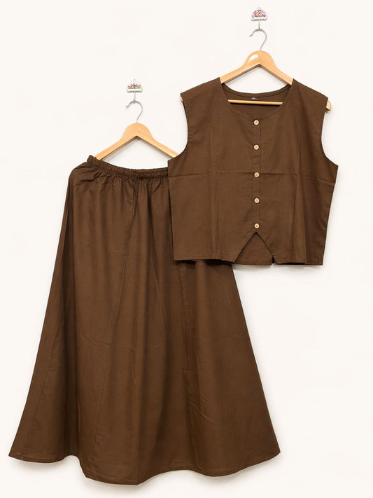 Chic Brown Zoony Cambric Cotton Skirt Set