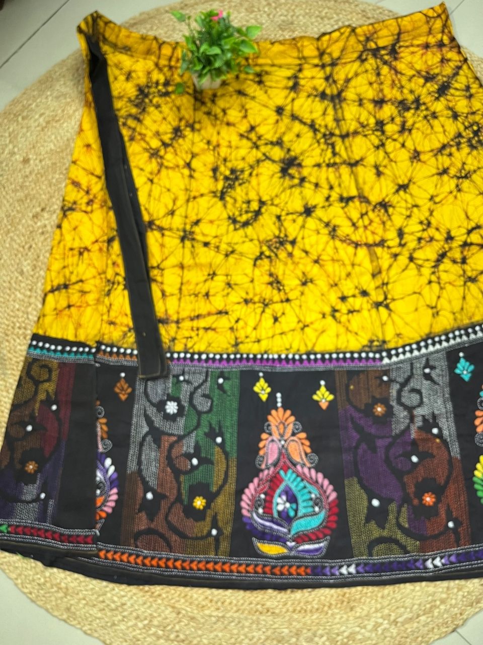 Kantha Yellow Aru Batik Cotton Wrap Indian Skirt