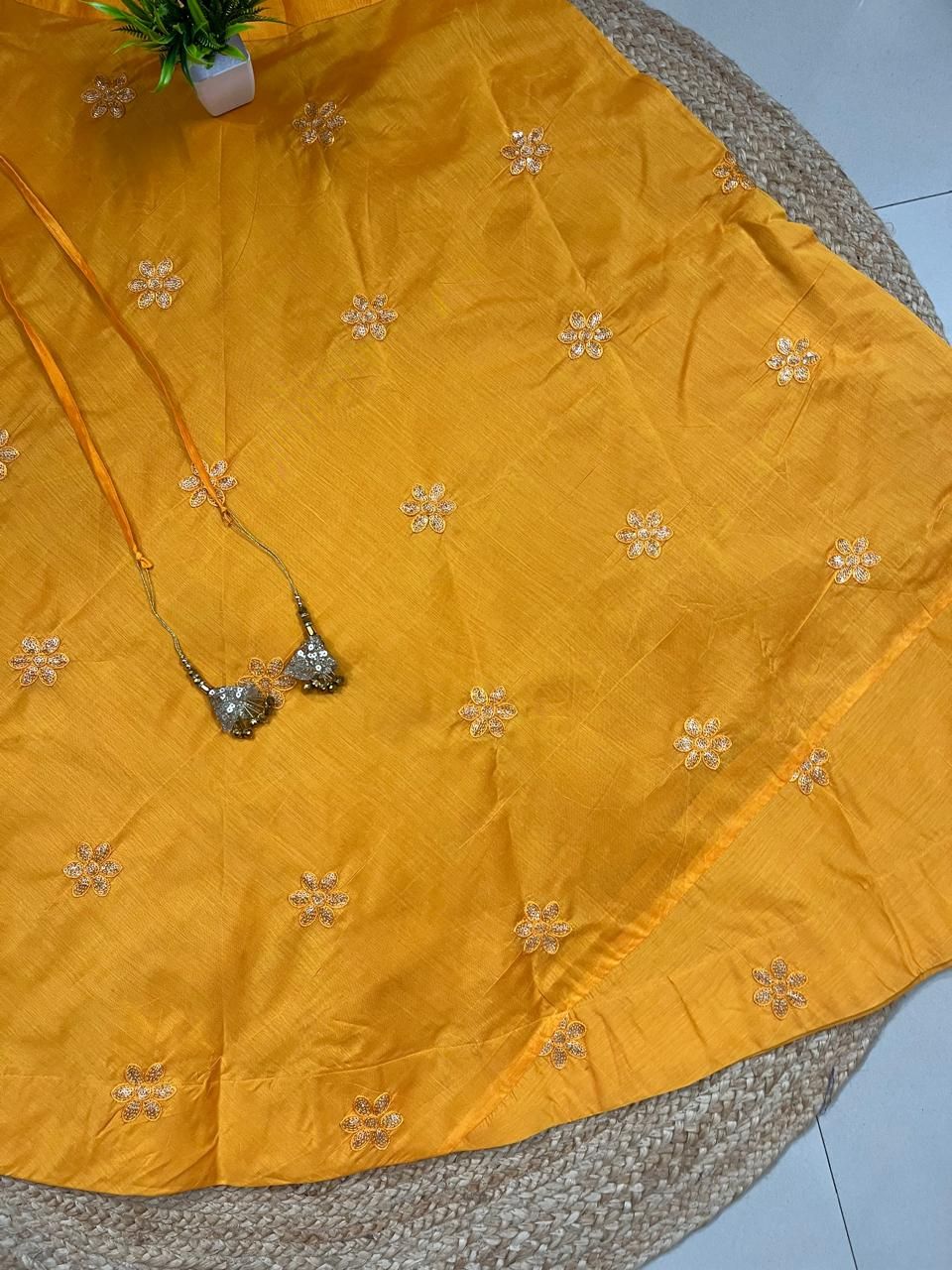 Chanderi Silk Mustard Yellow Milky Embroidered Indian Skirt